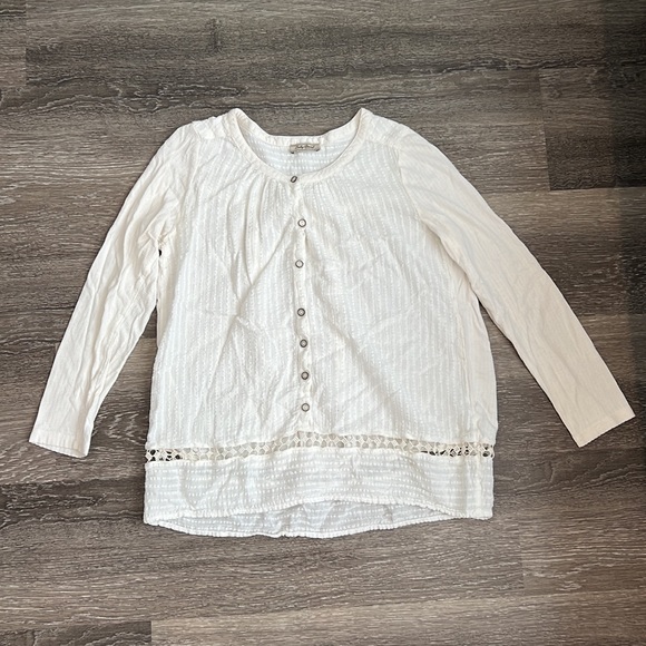 Lucky Brand White Top Boho Long Sleeve Ivory Small V-Neck Button Front - Picture 3 of 7